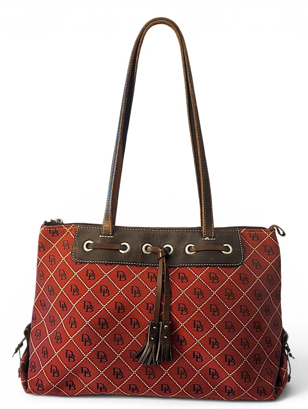 Vintage Dooney & Bourke Signature DB Monogram Tassel Tote Bag Red Brown Leather